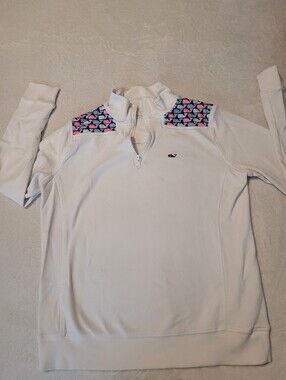 Vineyard Vines Ladies White XS 1/4 Zip Pullover Whales On Shoulders Neck Cute